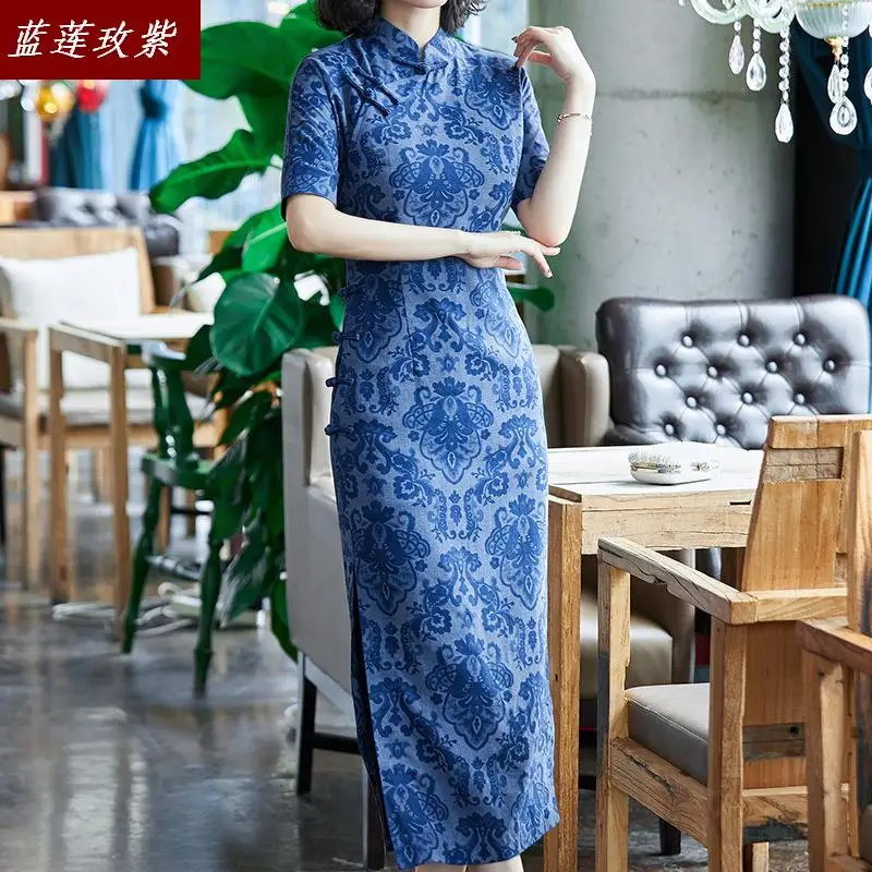 

Womens chinese style retro slim printed qipao dresses ladies fashion short sleeve Elegant split print cheongsam dress female