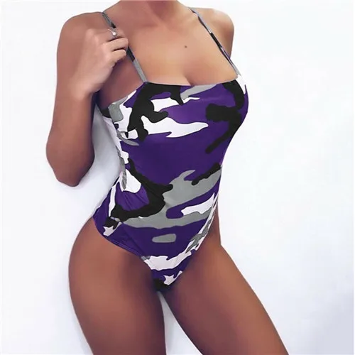 Летний сексуальный женский сдельный купальник с камуфляжным принтом, монокини, бандаж, купальный костюм, пуш-ап, мягкий купальник бикини - Цвет: Фиолетовый