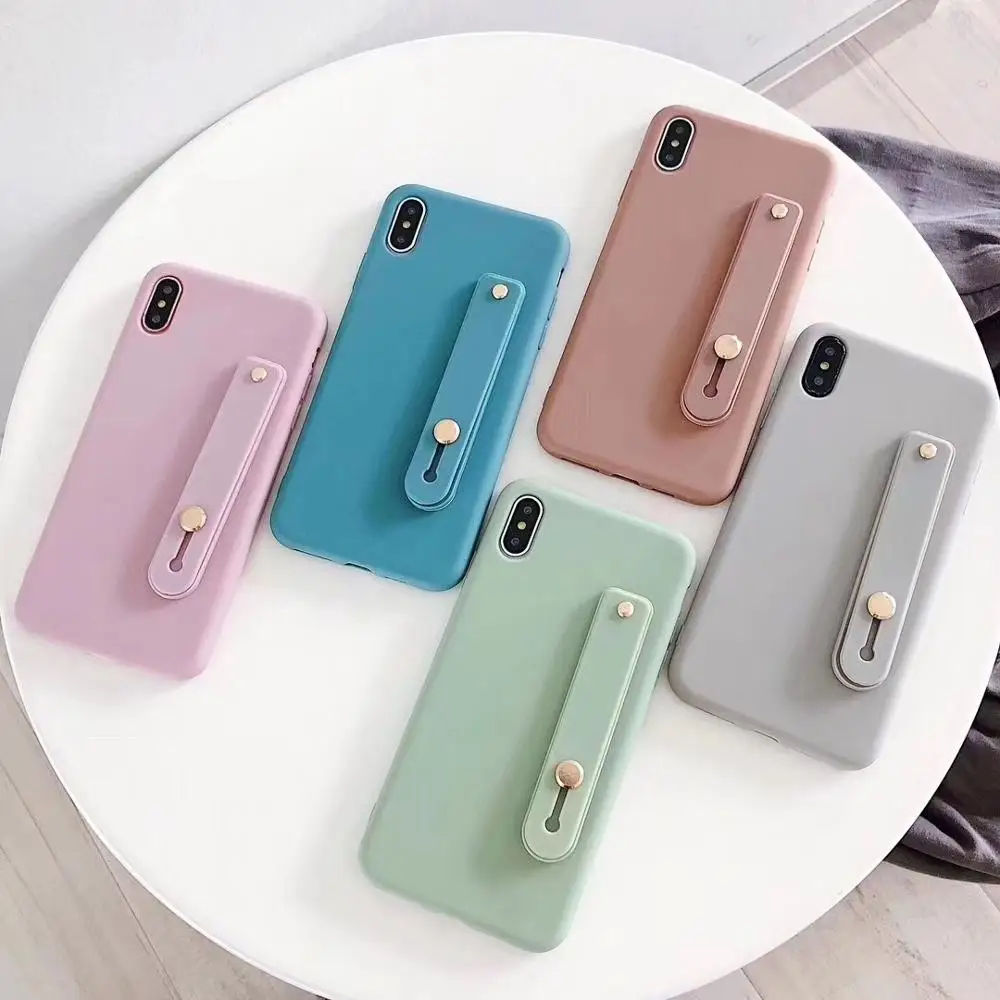 Cute candy color silicone wrist strap bracket soft phone case for iphone X XR XS MAX 6S 7 8 Plus for samsung S8 S9 S10 Note 9