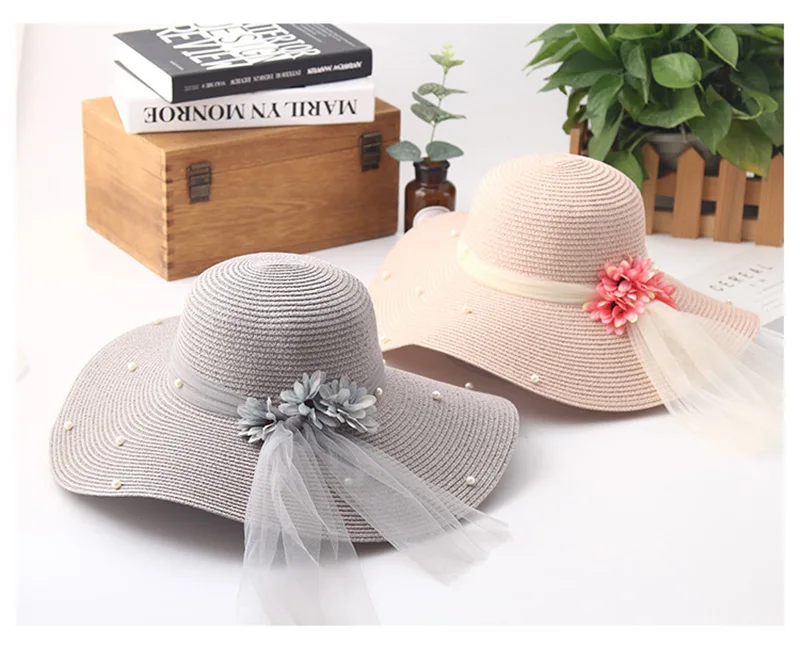 Women Flower Foldable Straw Hat Fashion Pearl Mesh Cap Summer Ladies Wide Wave Brim Beach Hats Handmade Sun Caps CP0221 (2)