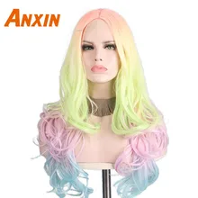 Anxin длинный волнистый парик цвета радуги для девочек косплей аниме Хэллоуин синтетический парик