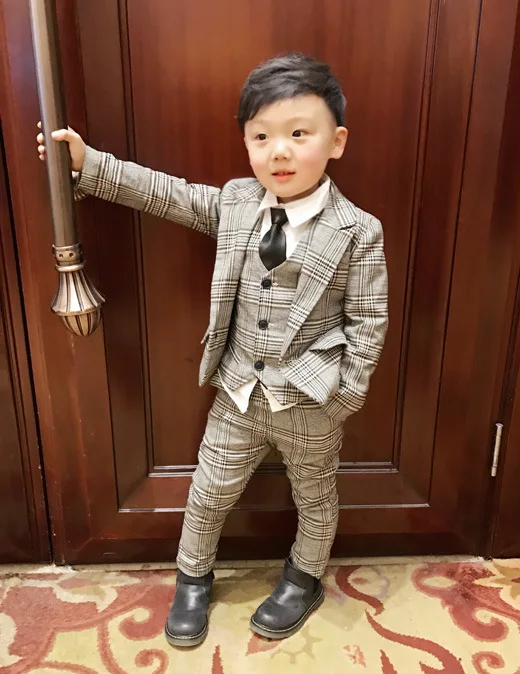 lattice Kids Blazer Baby Boys Suit Jackets Formal Coat+ Pants+vest 3Piece Boy Suits Formal For Wedding Chlidren Clothing