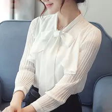 2017 Women Autumn Winter Basic Lace Chiffon Blouse Top Shirt Work Wear elegant blusas bowknot OL Full sleeves Large Size D0436