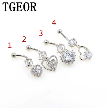 

free shipping 16G 6pcs dangle heart gem Cubic CZ Zircons charm Stainless Steel navel piercing belly button ring