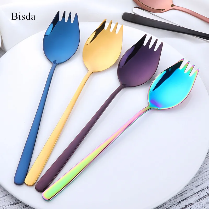 

New 2PCS Multifunction Metal Spoon Stainless Steel Blue Spoon Long Handle Gold Salad Spoons Dessert Spoons Set Rainbow Polish
