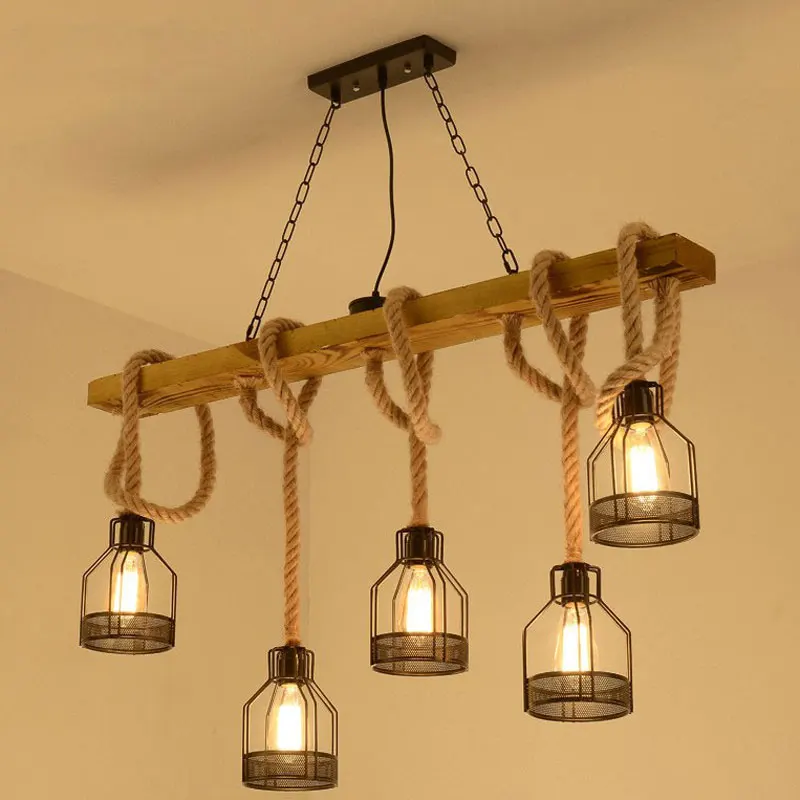 

Retro Creative Hemp Rope Industrial Pendant Lamp 3/5 Heads Wood Lantern American Country Style Nostalgia Light Twine Chandelier