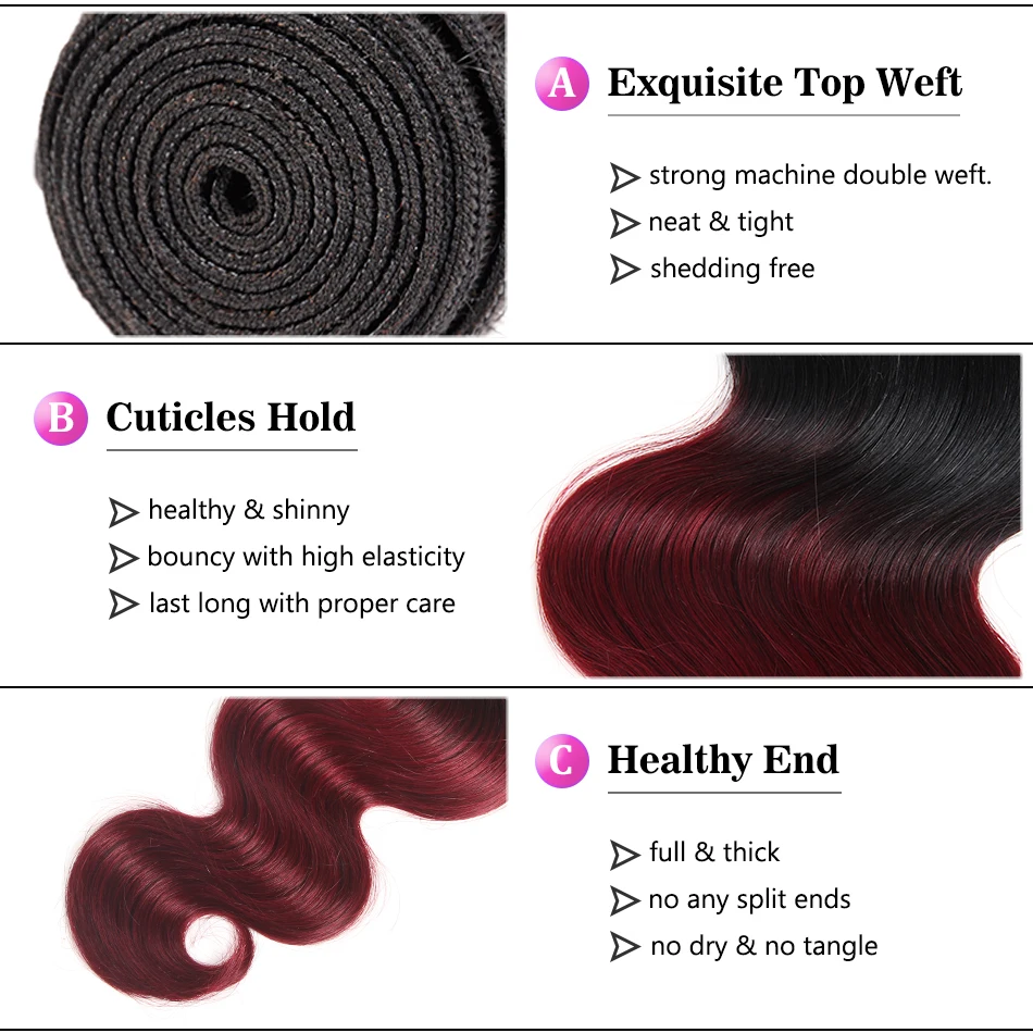  Racily Hair Ombre Brazilian Body Wave Bundles With Closure T1B/Burgundy Human Hair 3/4 Bundles With