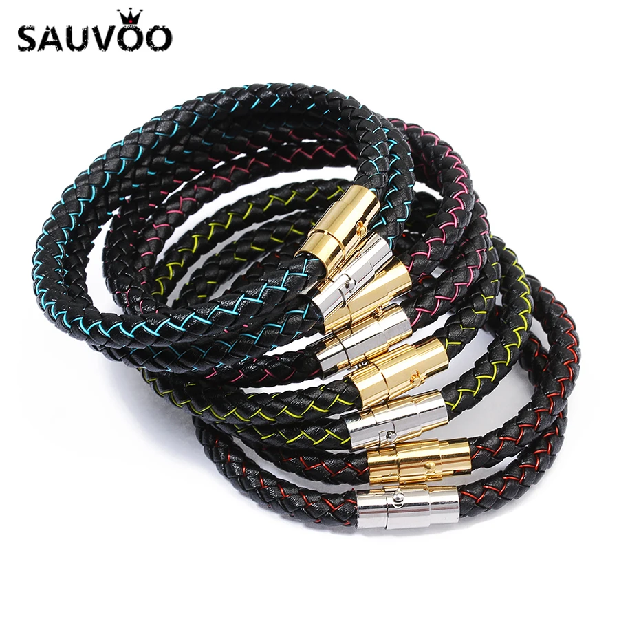 Sauvoo Punk Braided Leather Bracelets Round Leather Cord Gold Silver Color Clasps Charm