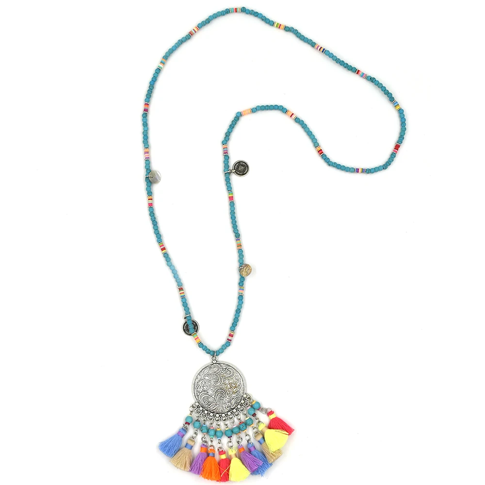 2017 new Heavy metal Statement Gypsy Ethnic colorful tassel pendants necklace long beaded chain Maxi Necklace