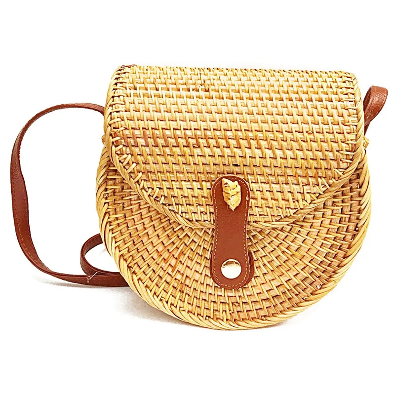 

FGGS-Woven Semi-Round Rattan Straw Shoulder Bag Small Beach Handbag Ladies Summer Hollow Handmade Messenger Bag Messenger Bag