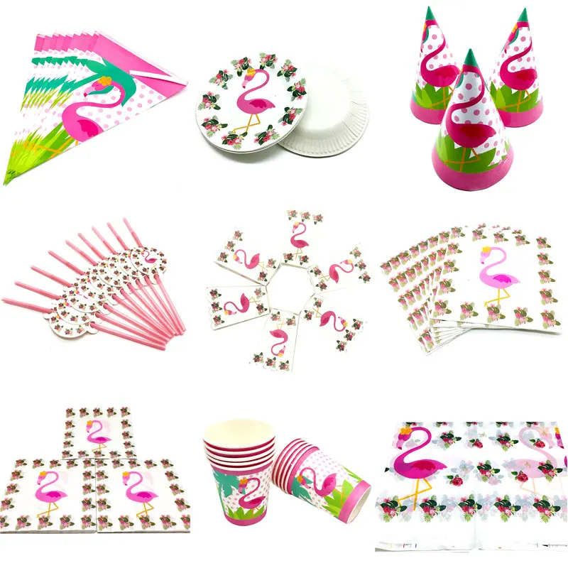 

Birthday Party Disposable Tableware Set Flamingo Party Paper Plates Cups Napkin Cake Stand Flag Flamingo Event Party Supplies