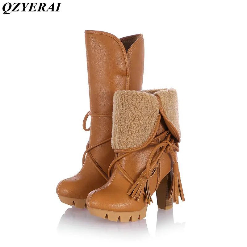 QZYERAI Winter high heel warm medium tube font b women b font snow boots fashionable font