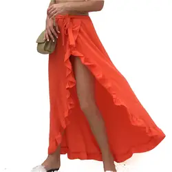 Рюшами, летняя длинная юбка 2018 сбоку Разделение белый черного, желтого цвета эластичный пояс Высокая Талия юбки женские макси юбка в стиле