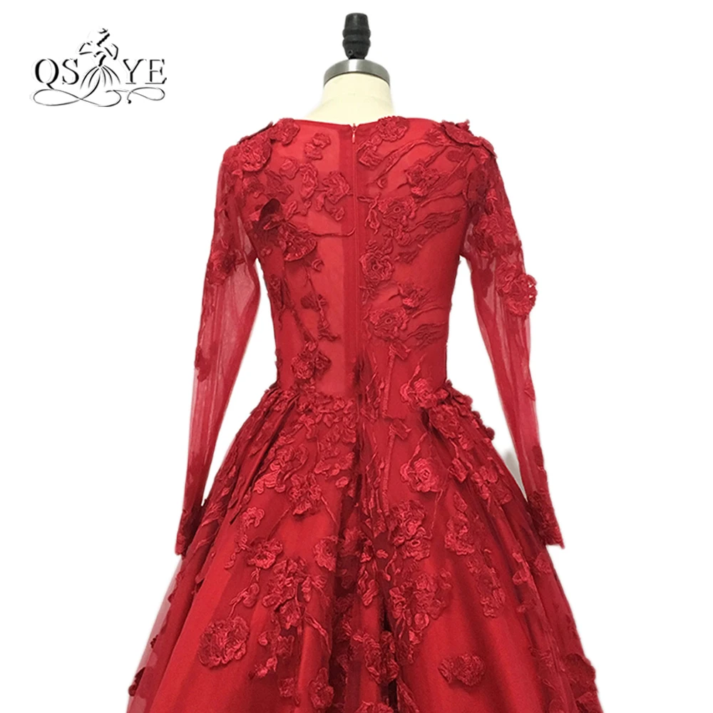 Real Photos 2017 Vestido de Fiesta Red Long Sleeve Evening Dress Long Prom Dress with 3D Floral Lace Formal Gowns Custom Made