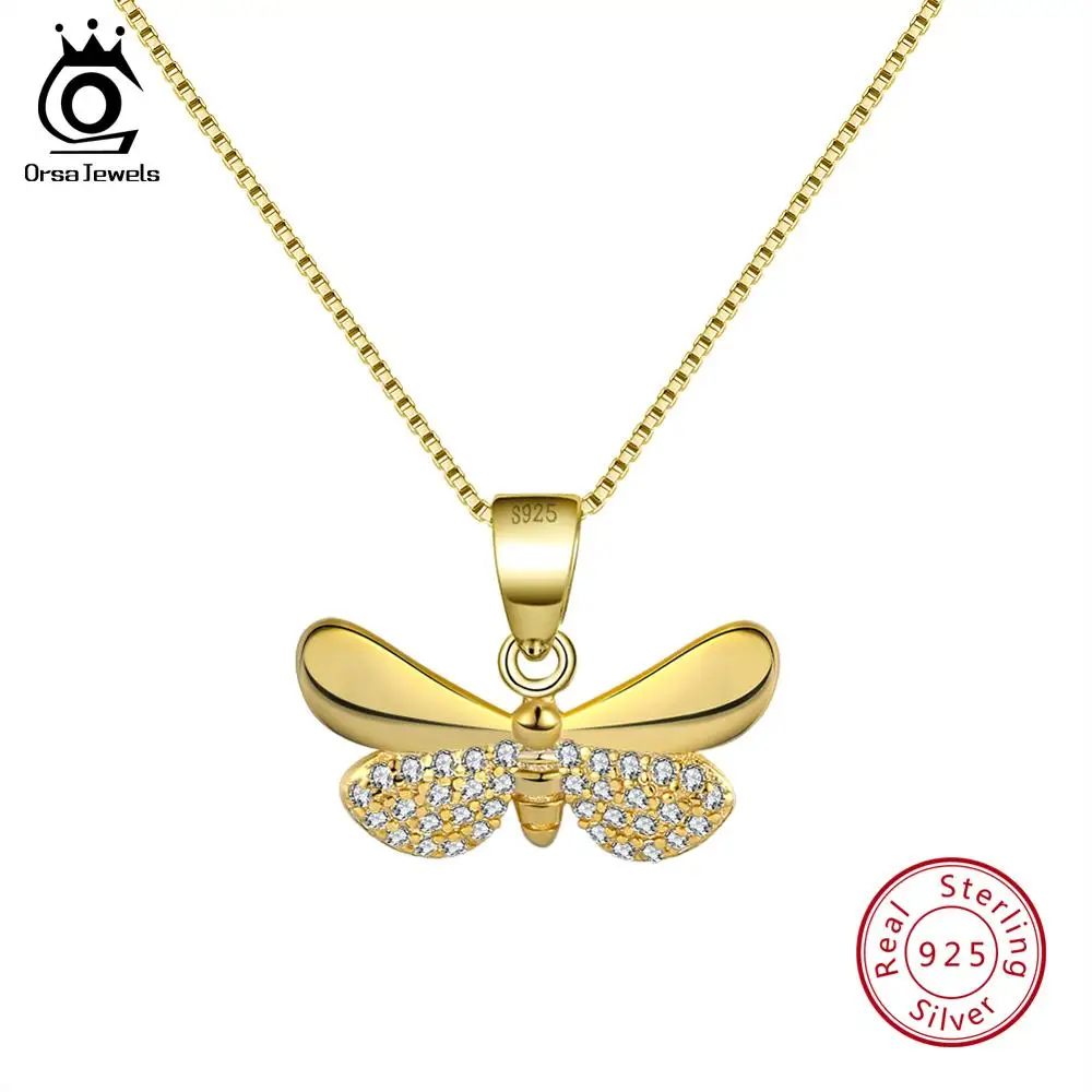 ORSA JEWELS, настоящее 925 пробы, серебряные женские ожерелья, серебро, золото, форма бабочки, AAA циркон, Модный кулон, ювелирные изделия SN89