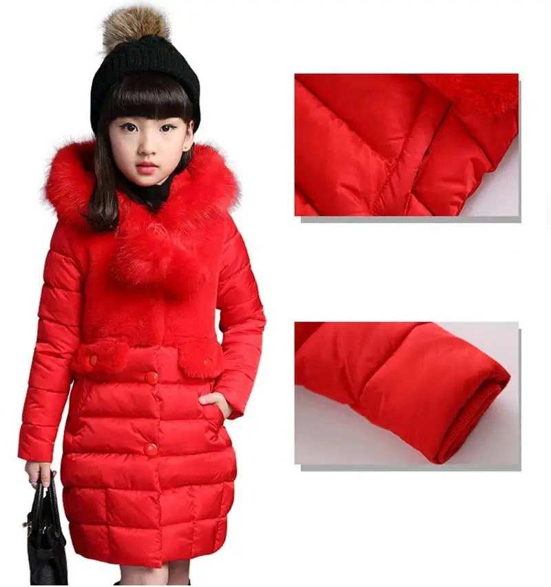 Пуховое пальто для девочек; однотонное зимнее пальто с мехом; толстовки с капюшоном; пальто с хлопковой подкладкой и меховым воротником; Детские утепленные куртки для девочек; одежда
