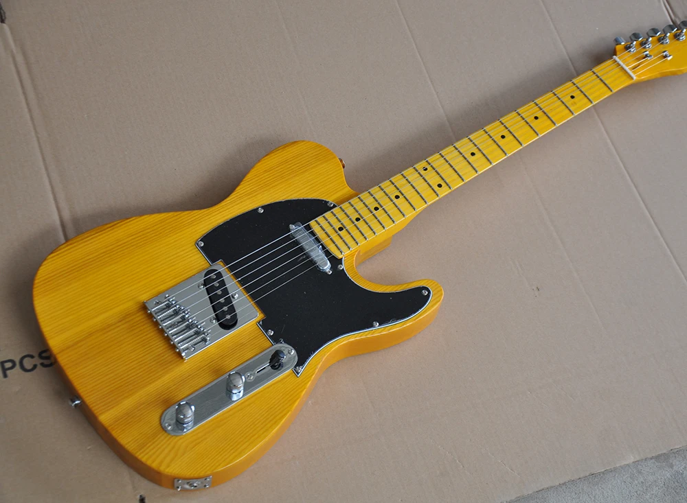 Factory Yellow Electric Guitar with Ash Body,Black Pickguard,Yellow