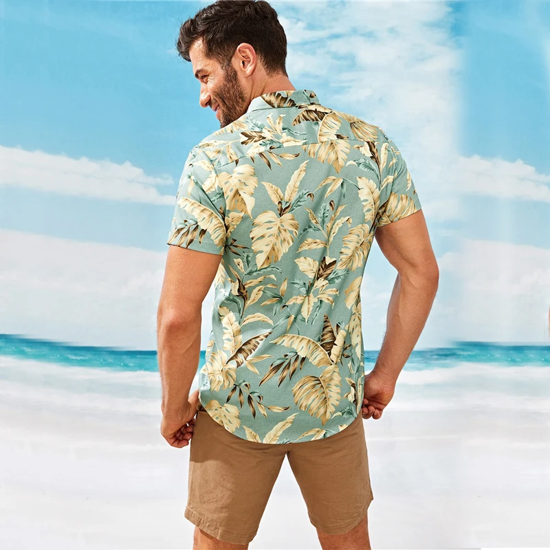 SweatyRocks Мужская рубашка с тропическим принтом Праздничная с коротким рукавом Бохо майки летние уличные свитеры с пуговицами повседневные рубашки