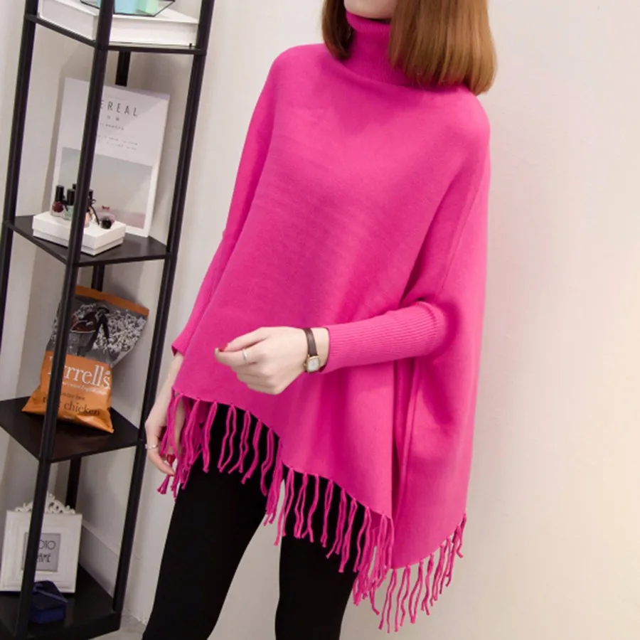 Новая мода осень зима пончо с высоким воротом свитер для женщин "летучая мышь" с кисточками длинный рукав свитер большого размера Повседневный Pull Femme