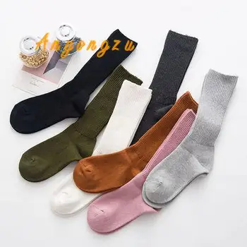 

2018 Cotton Pure Color Crimp Loose Middle Tube Lady Socks Autumn Winter High Quality Cute Stacking Socks 5pair/lot