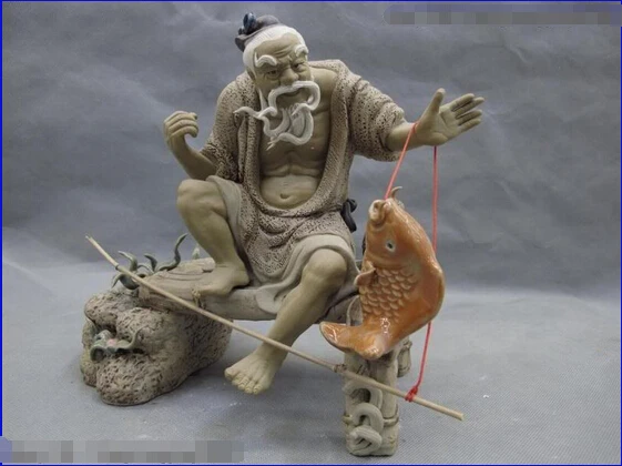 

S0130 10 China Clay Pottery WuCai porcelain Feng Shui Fisherman Fishing Fish sculpture D0317