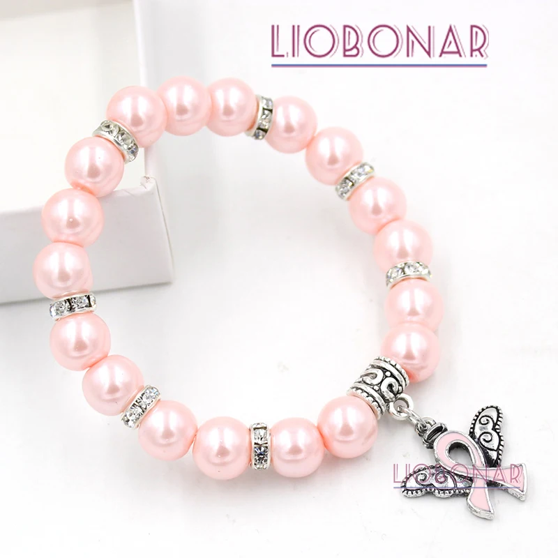 

10PCS Wholesale New Breast Cancer Awareness Bracelet Angel Wing Pink Ribbon Pearl Bracelet for Women Girl Pulsera Bijoux