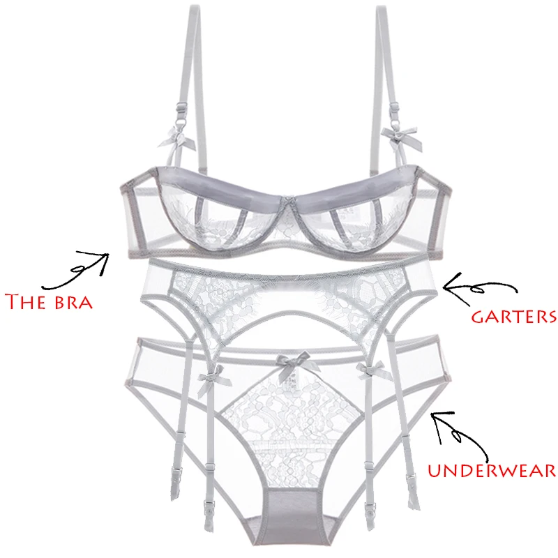 Super thin transparent half cup bra underpants garter belt set sexy lady lace
