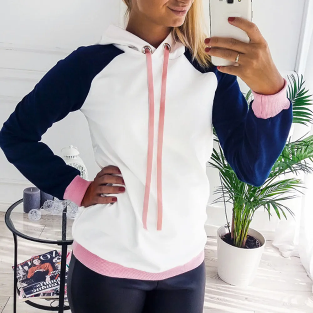 

Women's Patchwork Korean pop Hoodie Solid Sweatshirt Drawstring Long Sleeve Top Blouse Ariana Grande Streetwear L30719