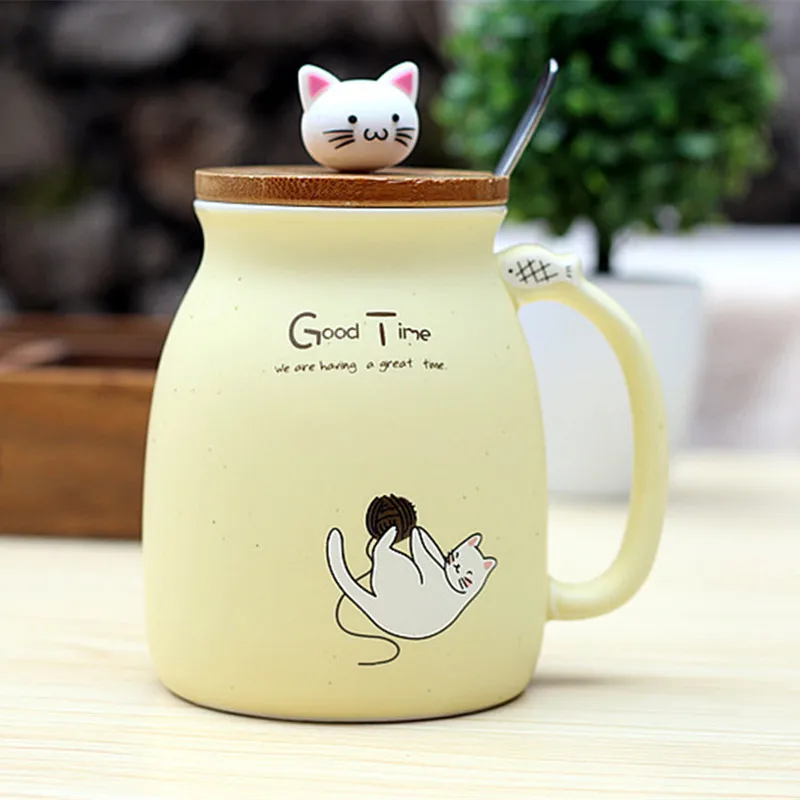 Новая термостойкая кружка с изображением кунжута кошки, красочная чашка с крышкой, кофейная керамическая молочная кружка с рисунком кота, детская чашка, подарки для детей - Цвет: yellow