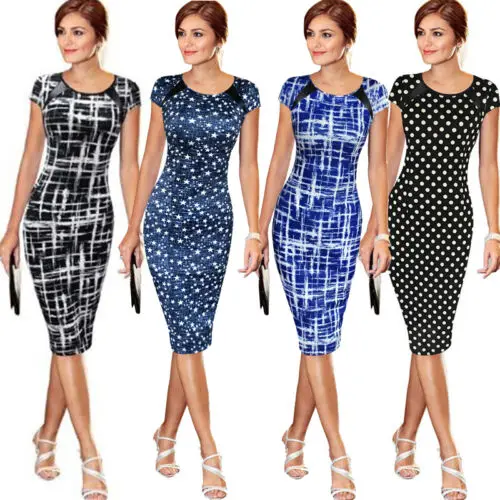 

Stylish Elegant Women's High-waist Short Sleeve Dot Star Print Dress Formal Business Work Sheath Pencil Knee-length Dress S-XXXL