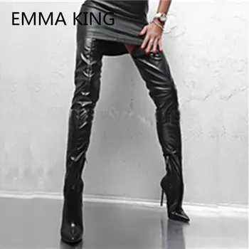

New Sexy Black Leather Women Thigh High Knight Boots Pointed Toe Solid Stiletto High Heels Ladies Runway Shoes Woman Long Boots