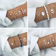 5 шт./компл. модные круглые карты Шарм Браслеты Набор для женщин Бохо Винтаж камень кожаный цепной браслет вечерние ювелирные изделия оптом