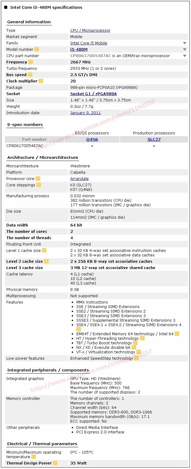 Intel Core i5 480M 2.66G 3M 2.5GT/s Socket G1 SLC27 PGA 988 Mobile Processor CPU cpu for sale