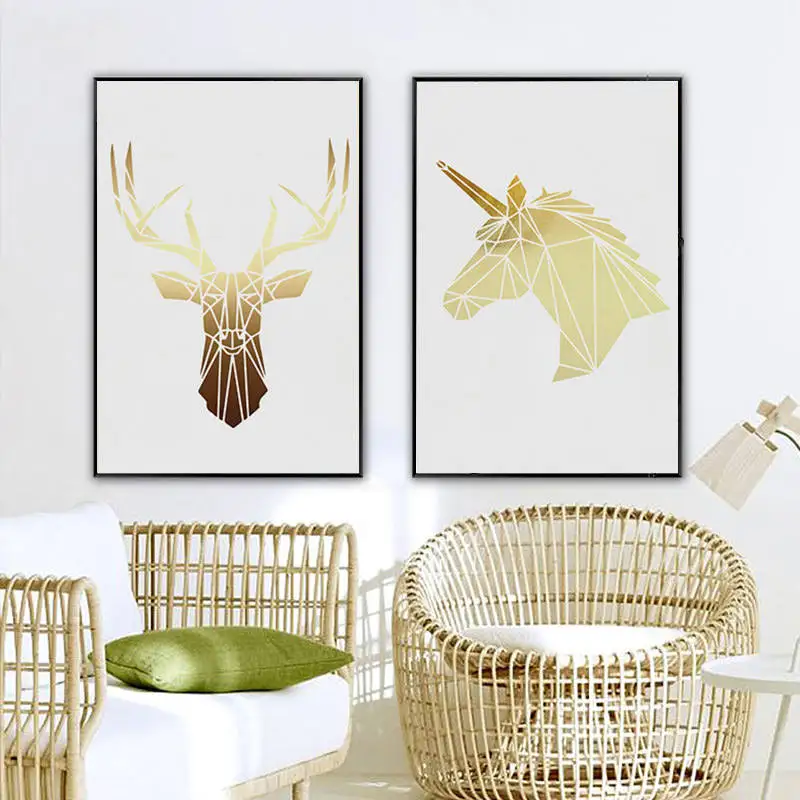 Minimalist Fascinating Canvas Poster Golden Sketch Of Deer Horse Arrows Unframed Painting Wall Art Print For Home Room Decor
