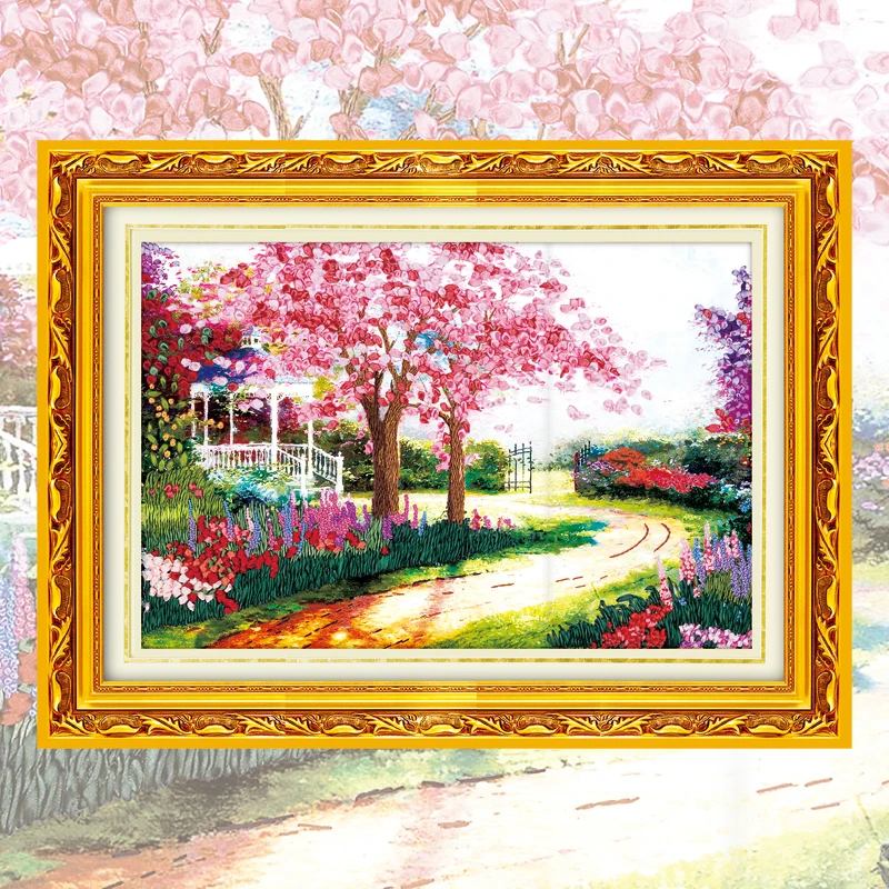

DIY Ribbons Embroidery Landscape Needlework & Cross Stitch Kits Decorative Painting Colored HD Prints Flower Tree C-0025