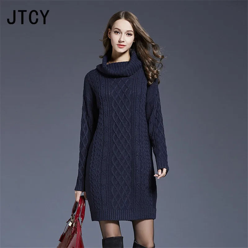 

JTCY 2018 winter Women Sweater Dresses Winter Long Sweaters Knitted Warm Turtleneck Sweater Twisted Thickening loose dress