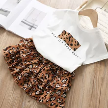 

Girls Clothes Set 2019 Summer White Shirt with Chiffon Leopard Cake Skirt 2 Pieces Sets Little Kids Cotton Clothing Suit