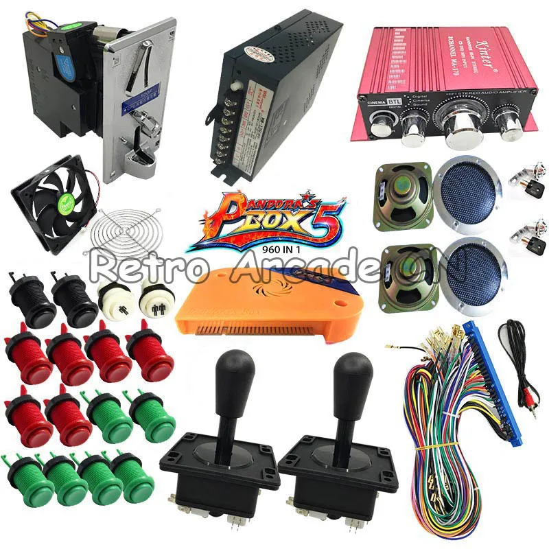 Pandora Box 5 PCB Jamma 960 in 1 Zippy Joystick American Push Button Coin acceptor Amplifier Arcade game Bundles kit for DIY