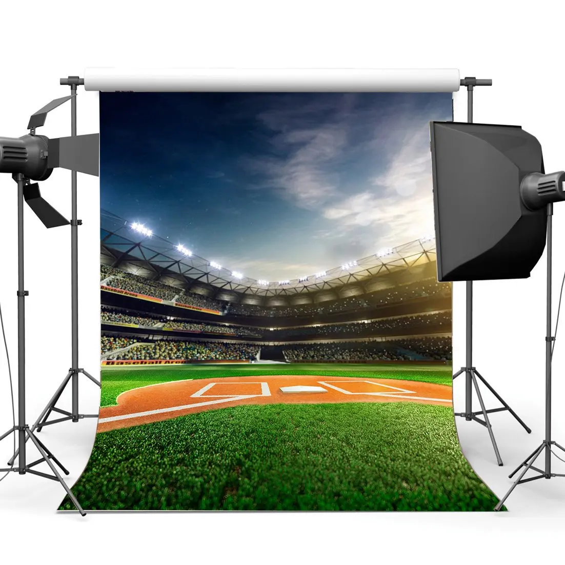 

Baseball Field Backdrop Stadium Stage Lights Crowd Bokeh Green Grass Meadow Blue Sky White Cloud Background