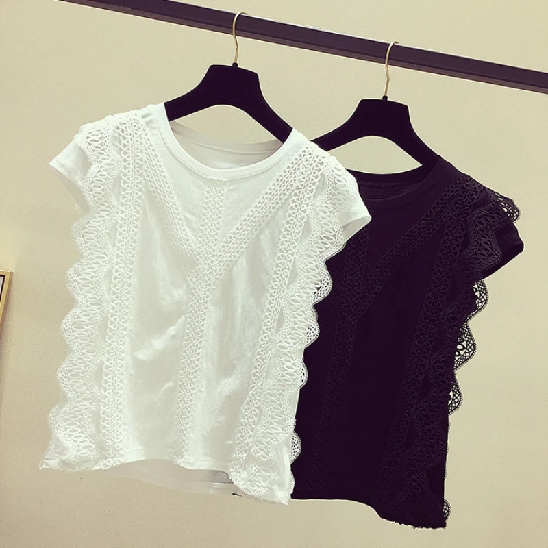Korean Fashion Clothing Plus Size Solid Shirt Women Blouse Summer 2019 Womens Tops and Blouses Lace Patchwork Blusas 4835 50