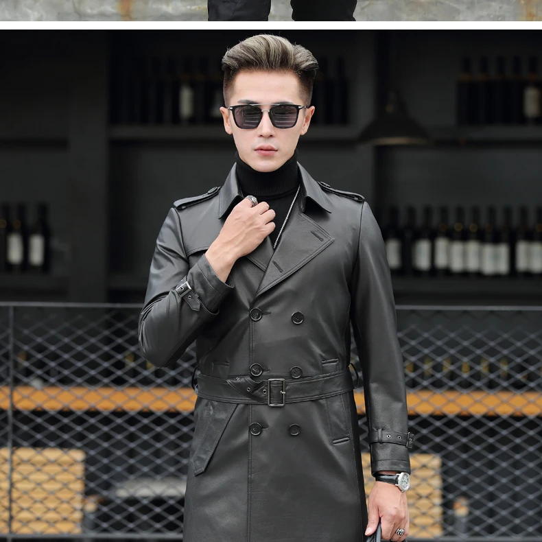 Sale VHO fashion casual natural real cow leather coats for men x-long double breasted leather dust coat genuine leather jacket 8