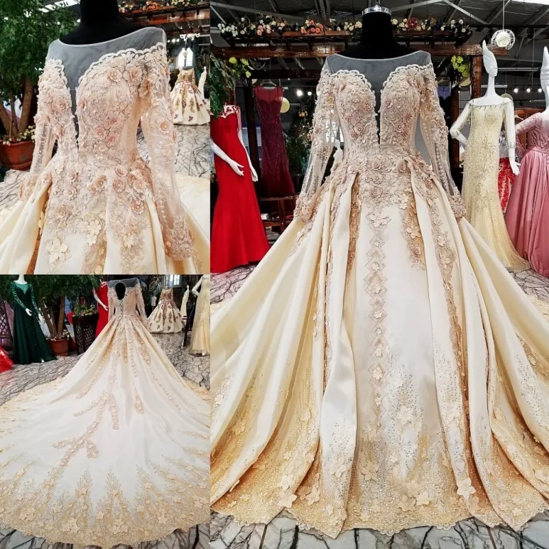 Wedding Dresses Long Sleeve Luxury Appliqued Gold Embroidery Tulle