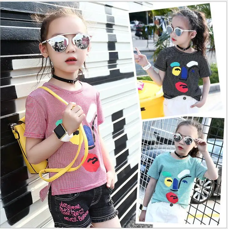 

Girls T Shirts Kids Summer Shirts For Girls Short Sleeve Striped Cartoon T-Shirt Girls Tops 4 8 9 10 12 Years Baby Girls Clothes