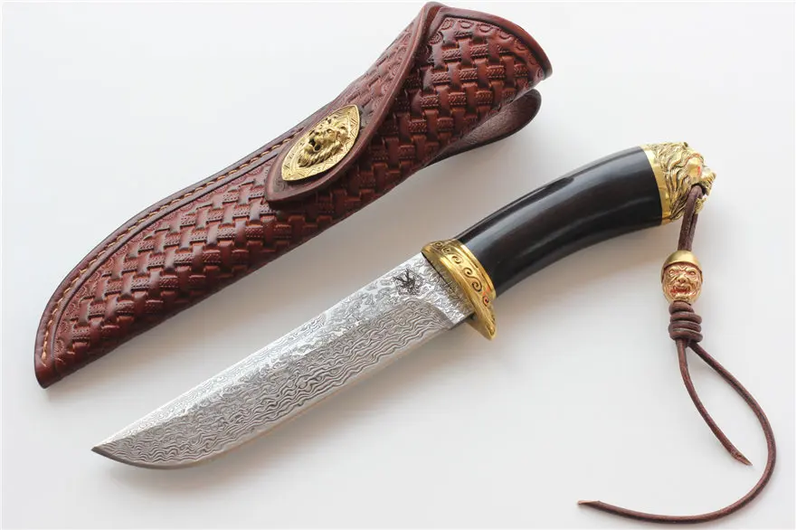 

VITELI Damascus knives Lion Eagle Wolf pattern Heavy Fixed blade knife wood handle hunting straight knife Handmade knives tool