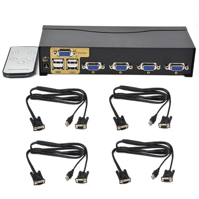 

New BOWU Auto 4 Port Smart VGA USB KVM Switch with IR Remote Support One Set Mouse Keyboard Monitor Control 4 PC and 4 KVM Cable