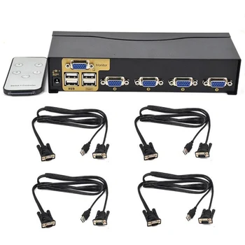 

New BOWU Auto 4 Port Smart VGA USB KVM Switch with IR Remote Support One Set Mouse Keyboard Monitor Control 4 PC and 4 KVM Cable