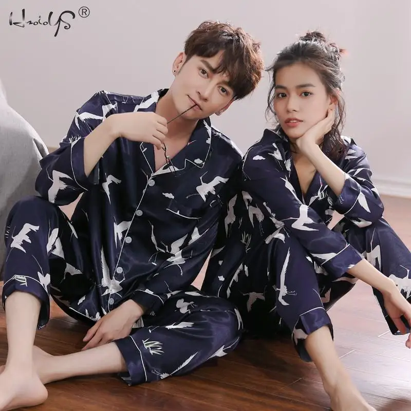 Набор пижам для пар, Женский Мужской Шелковый Атласный пижамный комплект, парные пижамы с длинным рукавом, домашняя одежда, пижамы унисекс размера плюс M-3XL