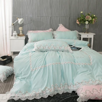 

Luxury Light Green Pink 100% Cotton Flower Lace Princess Girl Bedding Set Queen King Duvet Cover Bed sheet Bed Linen Pillowcases
