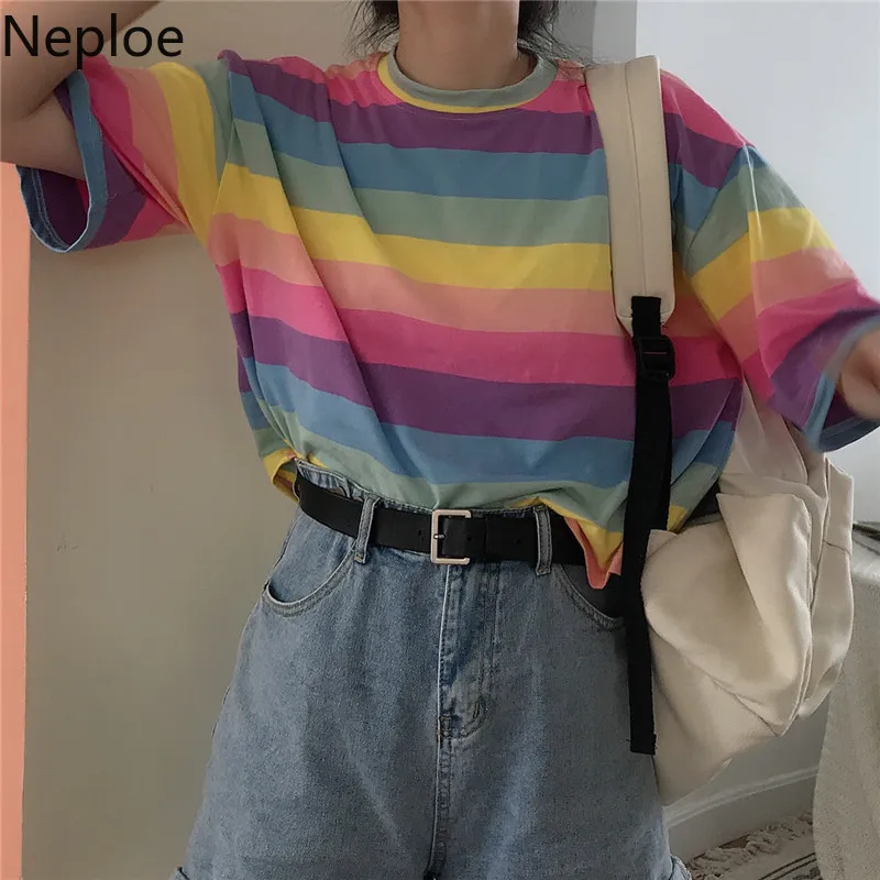 Neploe 2019 новейшая Корейская одежда футболка для женщин Harajuku радужные полосатые