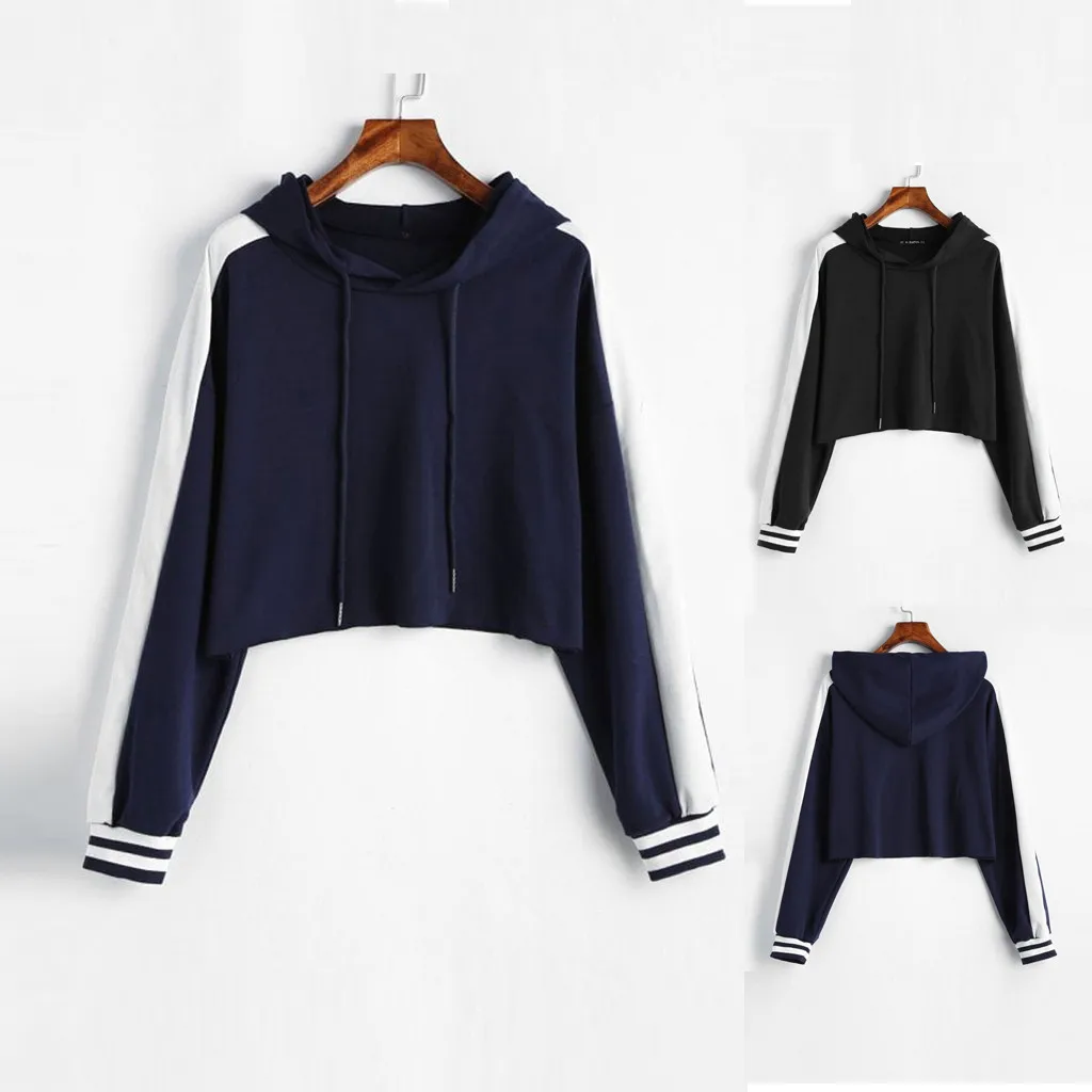 

Femmes solide à manches longues épissure sweat court pull hauts à capuche sweat à capuche pour femme kawaii vêtements à capuche